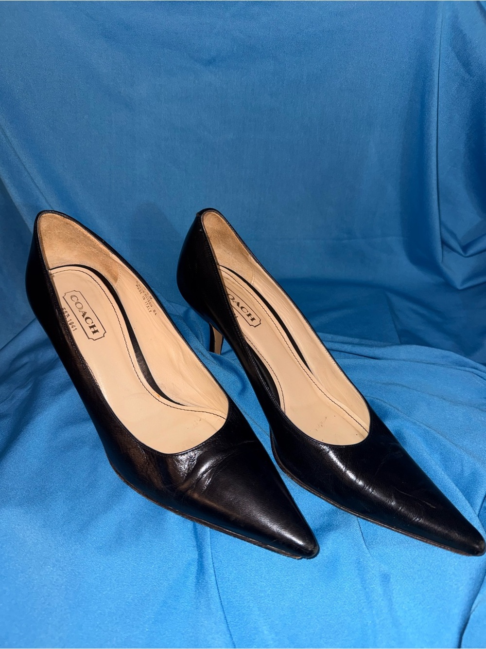 COACH Black Pointy Toe 2" Heels w/ Gold Tone Logo 2" Pumps